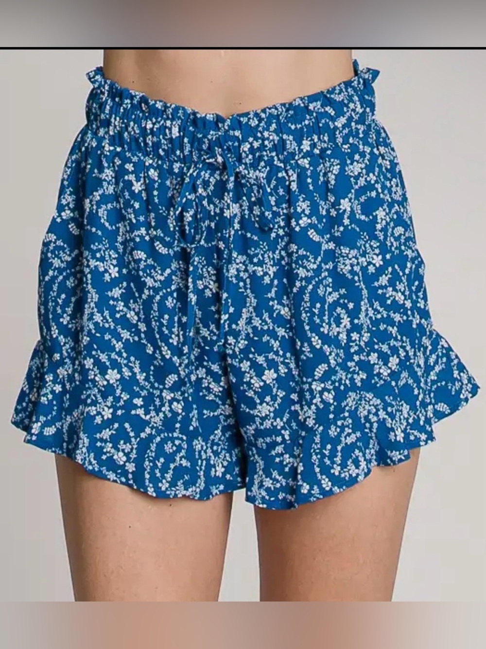 Allie Rose Drawstring Elastic Waist Ruffled Shorts- Blue